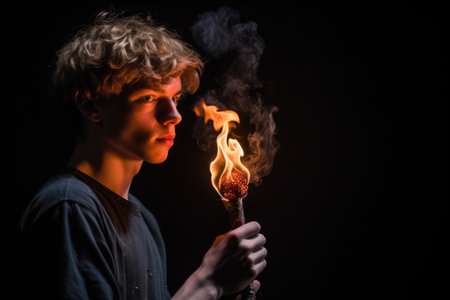 a young man holding a torch with fire pouring out of itの素材