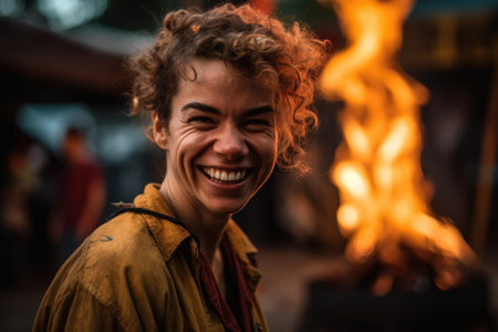 portrait of a smiling fire performer at an outdoor venueの素材
