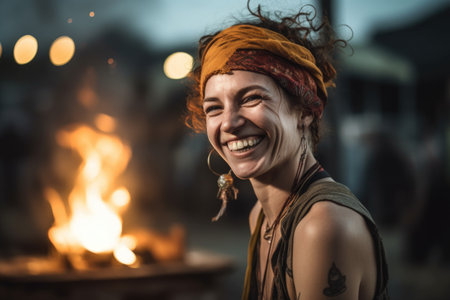 portrait of a smiling fire performer at an outdoor venueの素材