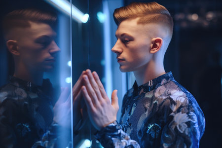 shot of a young male using the hologram tech at an eventの素材