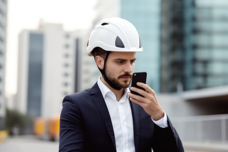 handsome male wearing a helmet while using his phone for workの素材