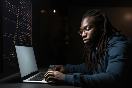 technology, code and black man doing a web design project for mico ui or coding on laptopの素材