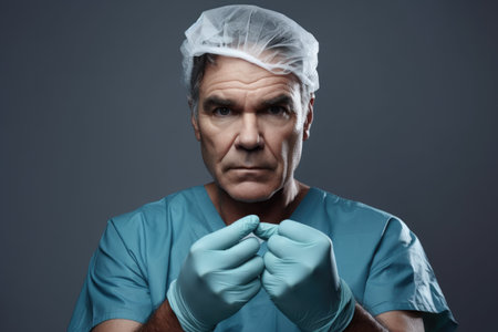 shot of a mature male doctor wearing surgical gloves against a grey backgroundの素材