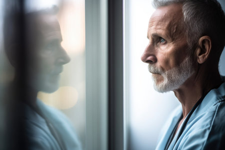 shot of a mature male doctor looking through a glass windowの素材
