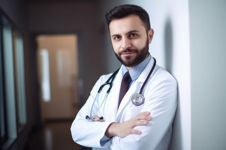 portrait of a smiling happy doctor posing in their officeの素材