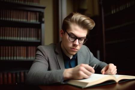a handsome young male student studying in the libraryの素材