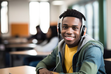 portrait of a happy young student wearing headphones while studying in classの素材