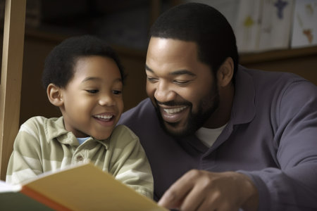 a happy father helping his son learn how to readの素材