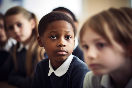 shot of a group of school children in a classroomの素材
