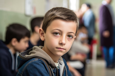 portrait of a confident young boy sitting in line at schoolの素材