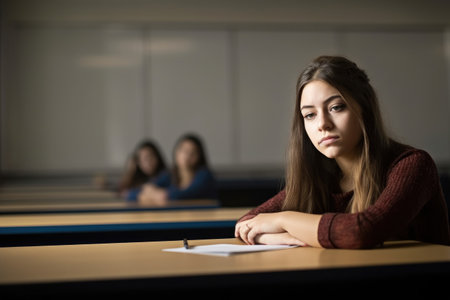 portrait of a female student studying on the edge of her seat in classの素材