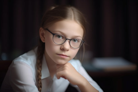 a portrait of a pretty young student sitting in classの素材