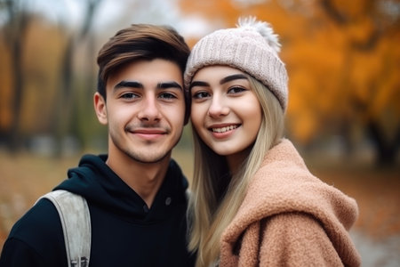 couple, young and smile with love outdoors for a proposal of marriage in the parkの素材