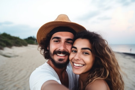 love, selfie and woman with a smile on engagement at the beach for couple together in vacationの素材