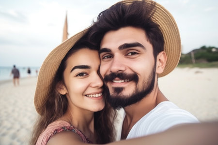 love, selfie and woman with a smile on engagement at the beach for couple together in vacationの素材