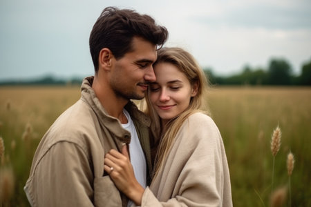 happy, couple and hug with nature, quality time and happiness of engagement in a fieldの素材