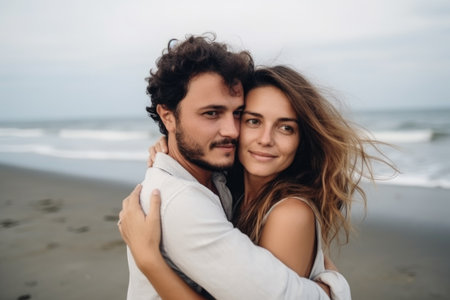 man, woman and engagement at beach while hugging with love together on vacationの素材