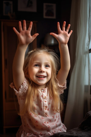portrait of a young girl with her hands raised excitedly at homeの素材