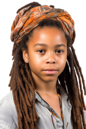 studio portrait of a young african american girl with dreadlocks isolated on whiteの素材