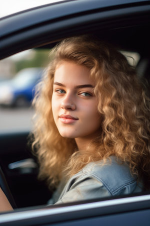 portrait of a young woman driving along in her carの素材