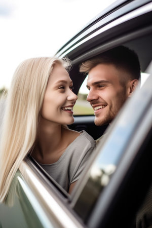 cropped shot of an affectionate young couple leaning out the window while drivingの素材