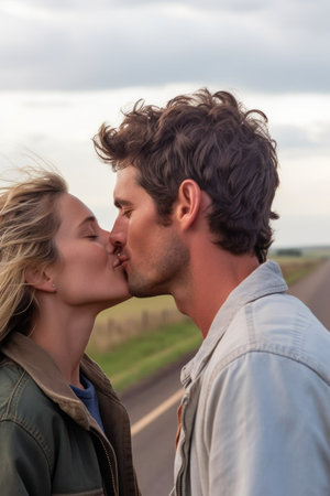 cropped shot of an affectionate couple sharing a kiss while driving down a country roadの素材