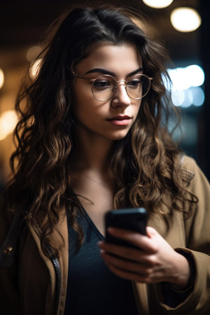 shot of a young woman wearing glasses while looking at her cellphoneの素材