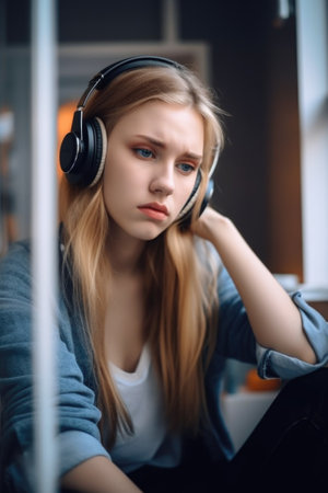 shot of a young woman using headphones and looking stressed at homeの素材