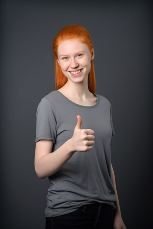 portrait of a young woman showing thumbs up while standing against a grey backgroundの素材