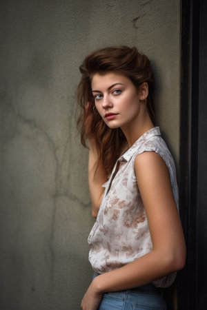 portrait of an attractive young woman leaning on a wallの素材
