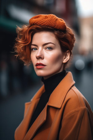 portrait of an attractive and stylish woman standing in the cityの素材