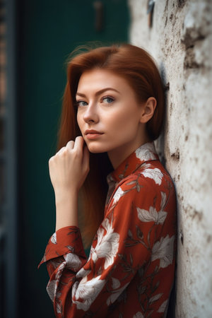 shot of a beautiful young woman looking thoughtful against a wall outdoorsの素材