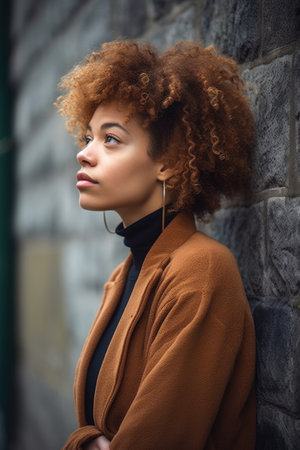 shot of a beautiful young woman looking thoughtful against a wall outdoorsの素材
