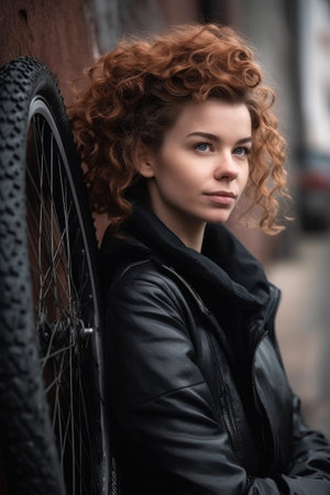 shot of an attractive young woman holding a bicycle tireの素材