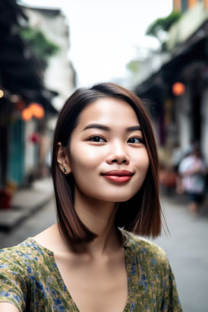shot of a young woman taking selfie on the streets of vietnam with copyspaceの素材