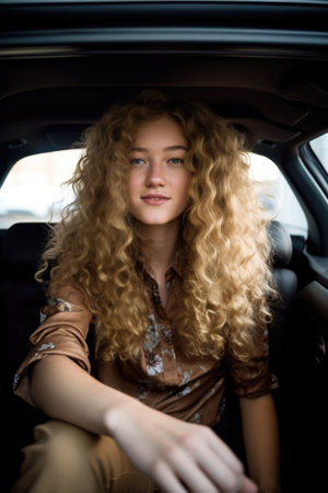 portrait of a young female model sitting on the back seat of a carの素材