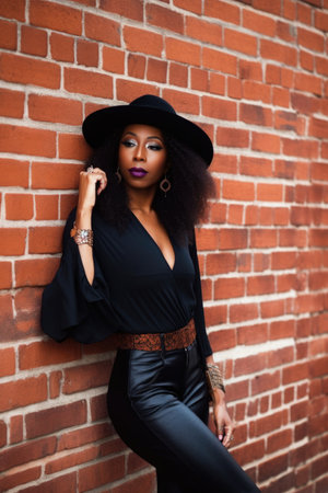 black woman, portrait and style in a city for fashion against brick wall backgroundの素材