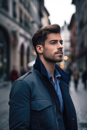 shot of a handsome young man posing in the cityの素材