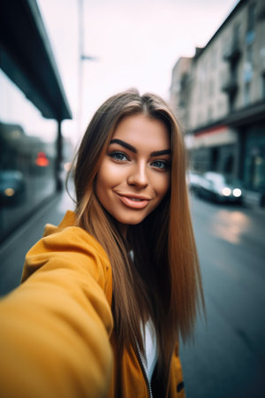 shot of a beautiful young woman taking selfies against an urban backdropの素材