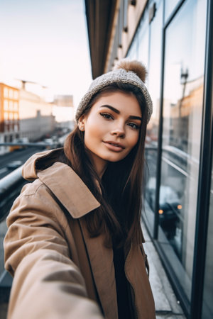 shot of a beautiful young woman taking selfies against an urban backdropの素材