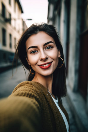 shot of a beautiful young woman taking selfies against an urban backdropの素材