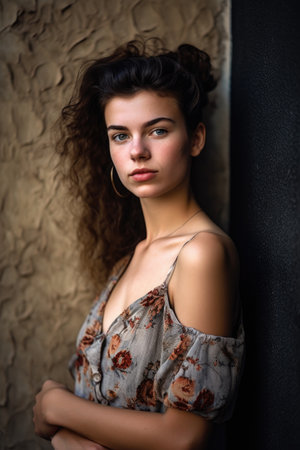 portrait of an attractive young woman leaning on a wallの素材