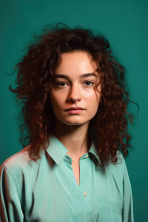 studio shot of a confident young woman against a turquoise backgroundの素材
