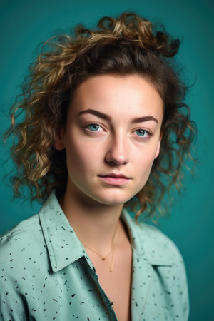 studio shot of a confident young woman against a turquoise backgroundの素材