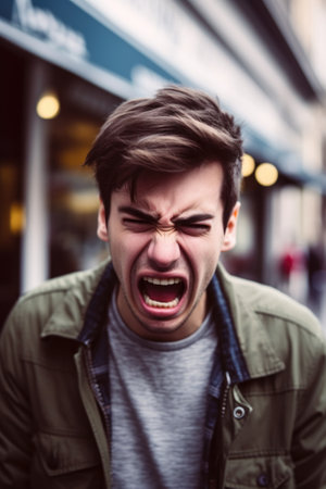 shot of a young man expressing his frustration against a coffee shop backgroundの素材