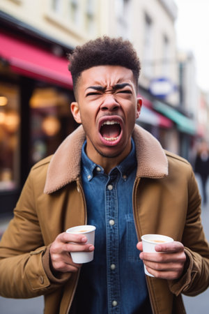 shot of a young man expressing his frustration against a coffee shop backgroundの素材