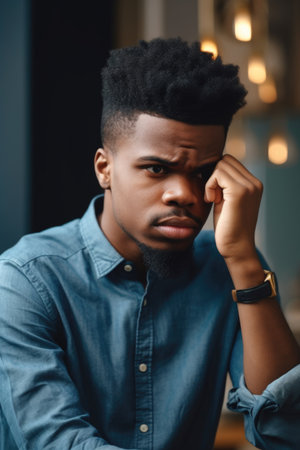 portrait of a young black man looking stressed while standing indoorsの素材