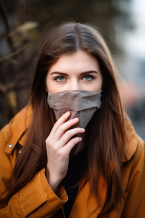 portrait of a young woman covering her mouth while standing outsideの素材