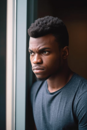 portrait of a young black man looking stressed while standing indoorsの素材