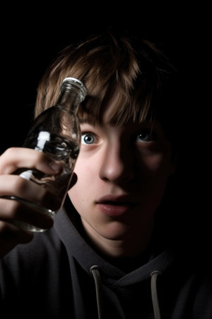shot of a teenage boy holding up a bottle in front of his faceの素材